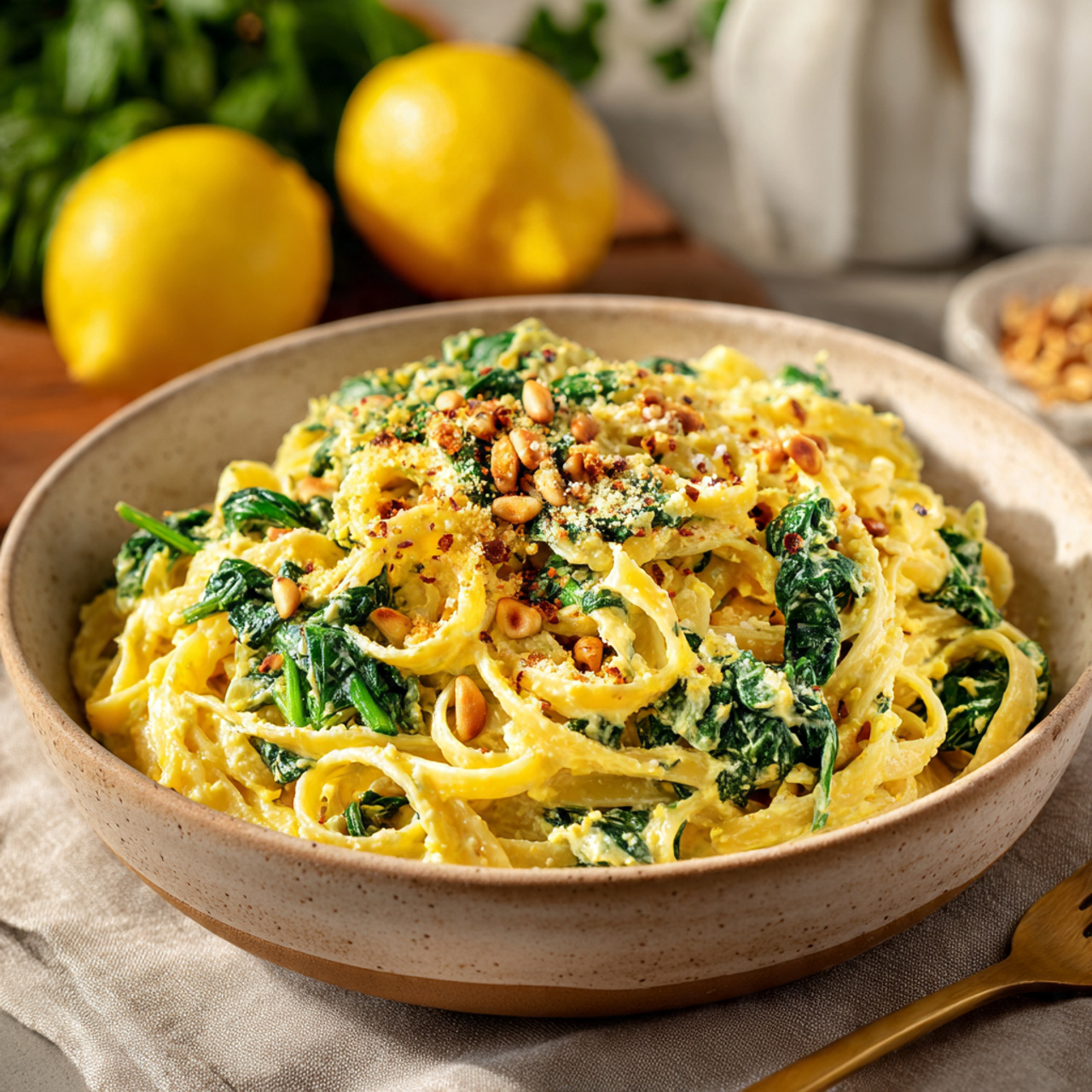 Lemon Ricotta Pasta with Spinach and Toasted Pine Nuts